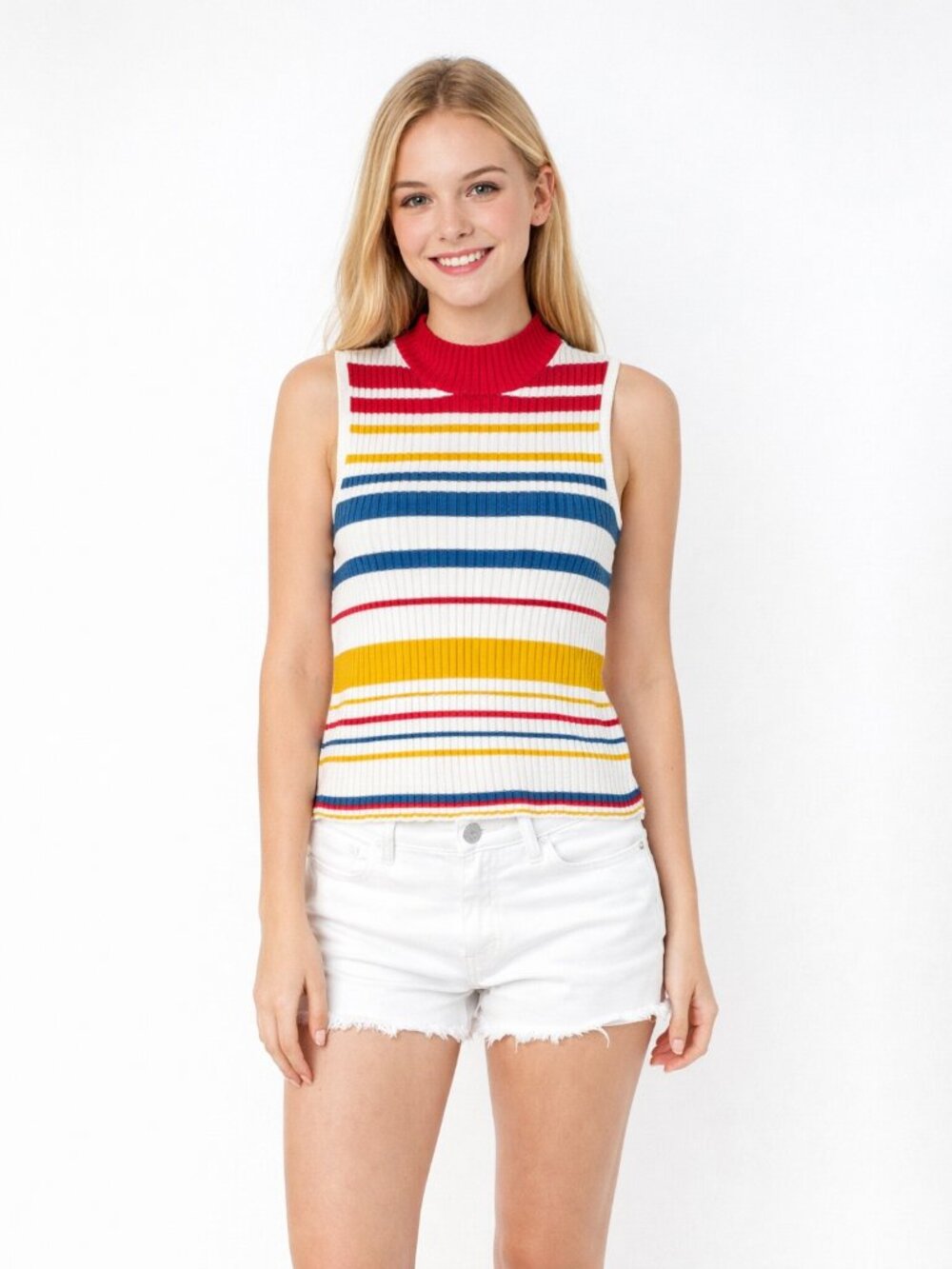 2/$30 FOREVER 21 Striped Sleeveless Knit Mock Neck Tank Top Multi Medium #A1966